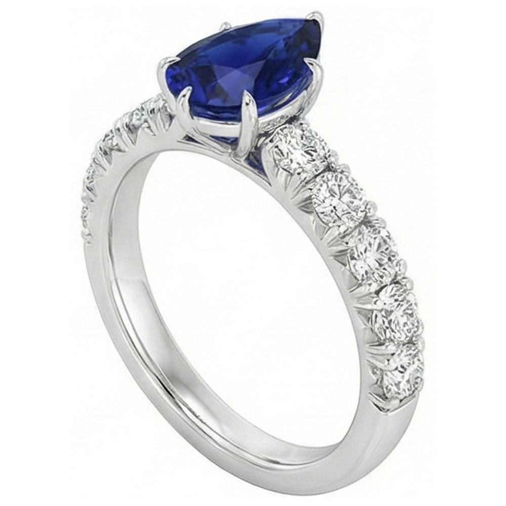 Solitaire Accents Ring Pear Blue Sapphire & Natural Earth Mined Diamonds 5 Carats Pave Set