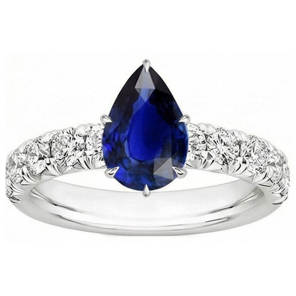 Solitaire Accents Ring Pear Blue Sapphire & Natural Earth Mined Diamonds 5 Carats Pave Set