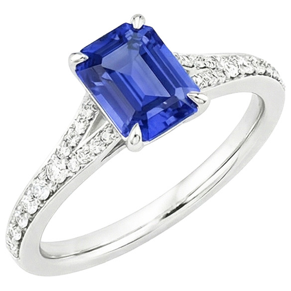 Solitaire Accents Ring White Gold Blue Sapphire & Natural Earth Mined Diamond 4 Carats