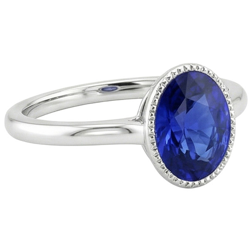 Solitaire Bezel Set Ceylon Sapphire Ring Oval White Gold 3 Carats