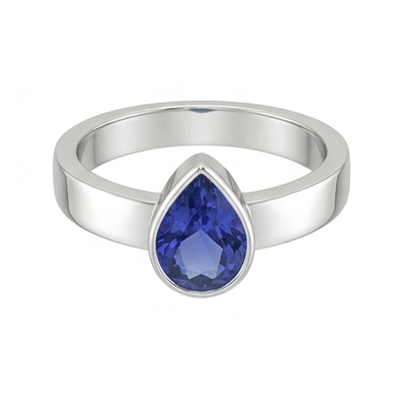 Solitaire Bezel Set Gents Ring Pear Cut Blue Sapphire 2.50 Carats