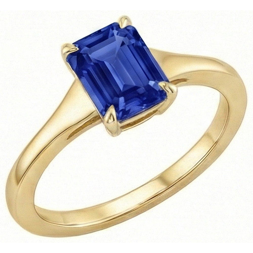 Solitaire Blue Sapphire Ring Emerald Cut 3 Carats Yellow Gold 14K