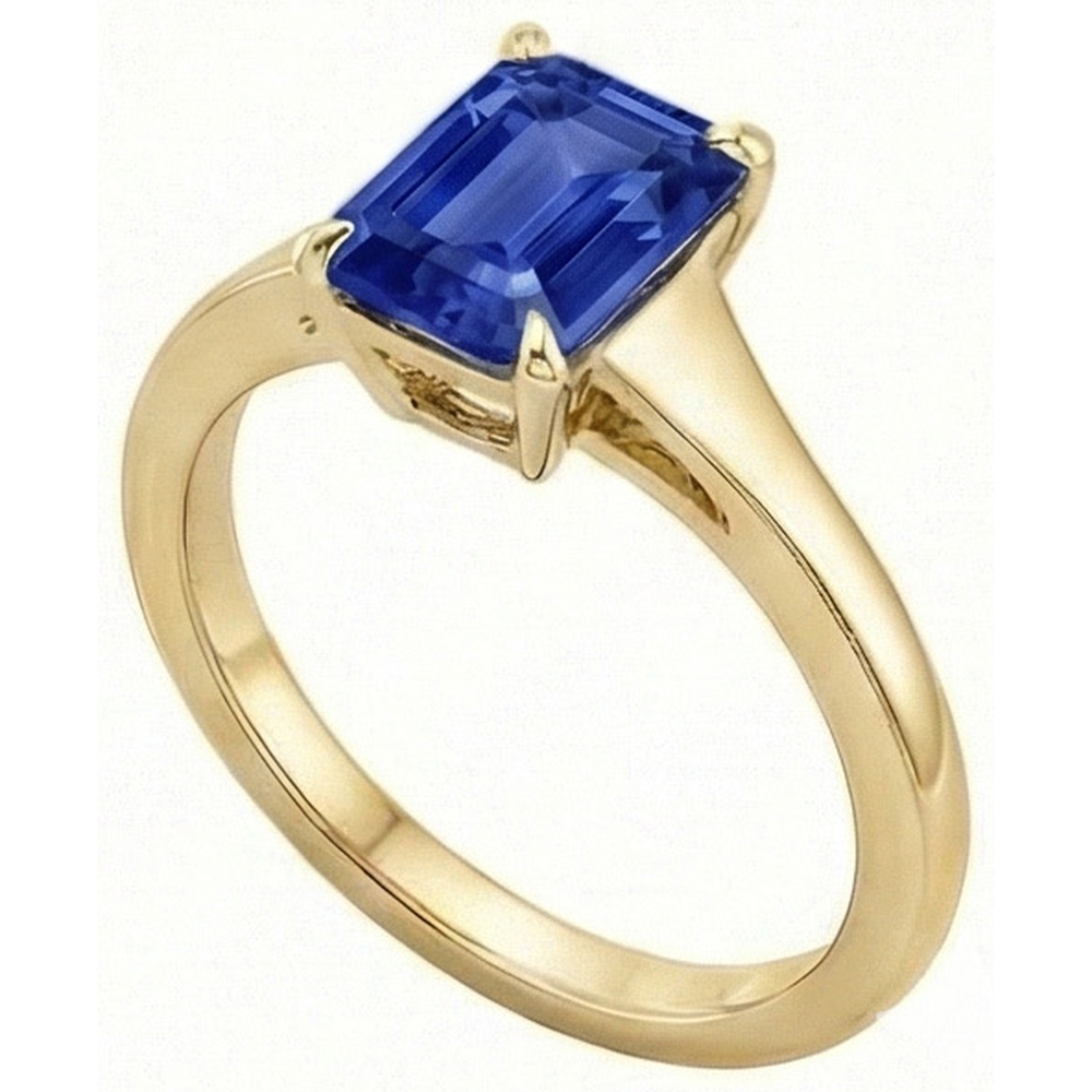 Solitaire Blue Sapphire Ring Emerald Cut 3 Carats Yellow Gold 14K