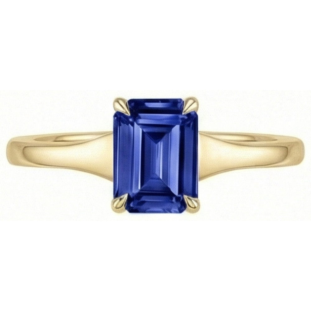 Solitaire Blue Sapphire Ring Emerald Cut 3 Carats Yellow Gold 14K
