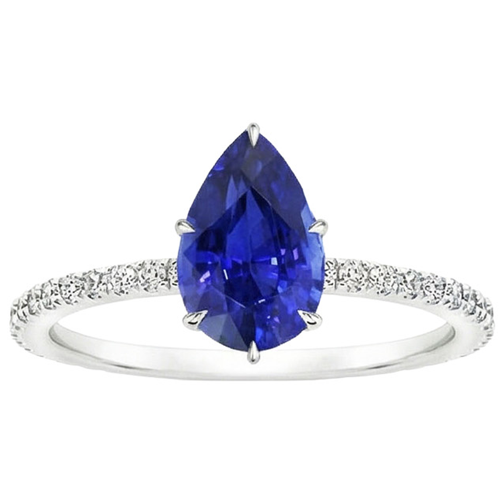 Solitaire Blue Sapphire Ring Pear Cut & Pave Set Natural Earth Mined Diamonds 4.50 Carats
