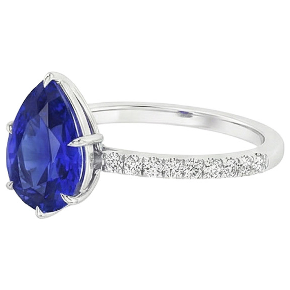 Solitaire Blue Sapphire Ring Pear Cut & Pave Set Natural Earth Mined Diamonds 4.50 Carats