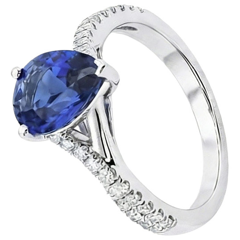 Solitaire Blue Sapphire Ring White Gold Pave Set Natural Earth Mined Diamonds 4 Carats