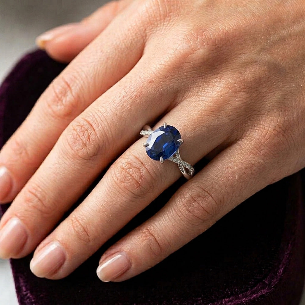 Solitaire Blue Sapphire Ring With Natural Earth Mined Diamond Accents 4.50 Carats