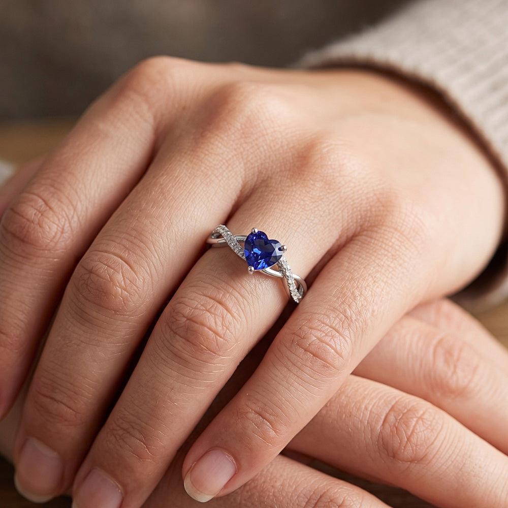 Solitaire Blue Sapphire Ring & Natural Earth Mined Diamond Accents 2 Carats Twisted Style