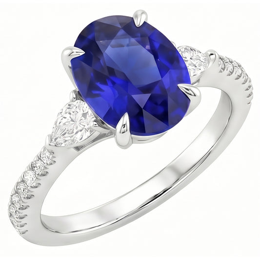 Solitaire Blue Sapphire With Pear & Round Natural Earth Mined Diamond Accent Ring 3 Carats