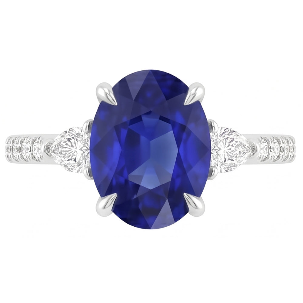 Solitaire Blue Sapphire With Pear & Round Natural Earth Mined Diamond Accent Ring 3 Carats
