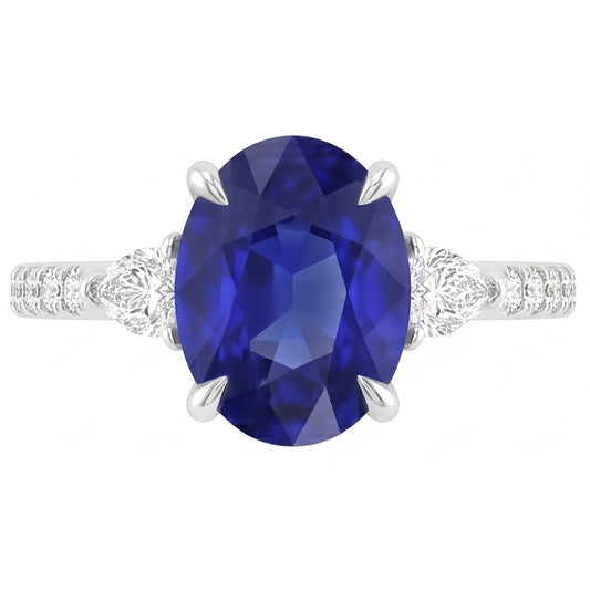 Solitaire Blue Sapphire With Pear & Round Natural Earth Mined Diamond Accent Ring 3 Carats