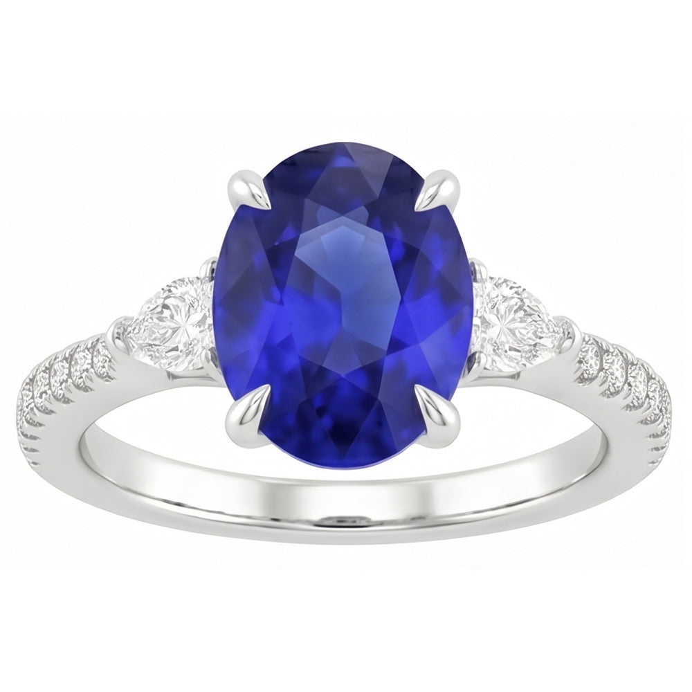Solitaire Blue Sapphire With Pear & Round Natural Earth Mined Diamond Accent Ring 3 Carats
