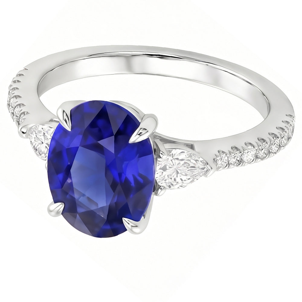 Solitaire Blue Sapphire With Pear & Round Natural Earth Mined Diamond Accent Ring 3 Carats