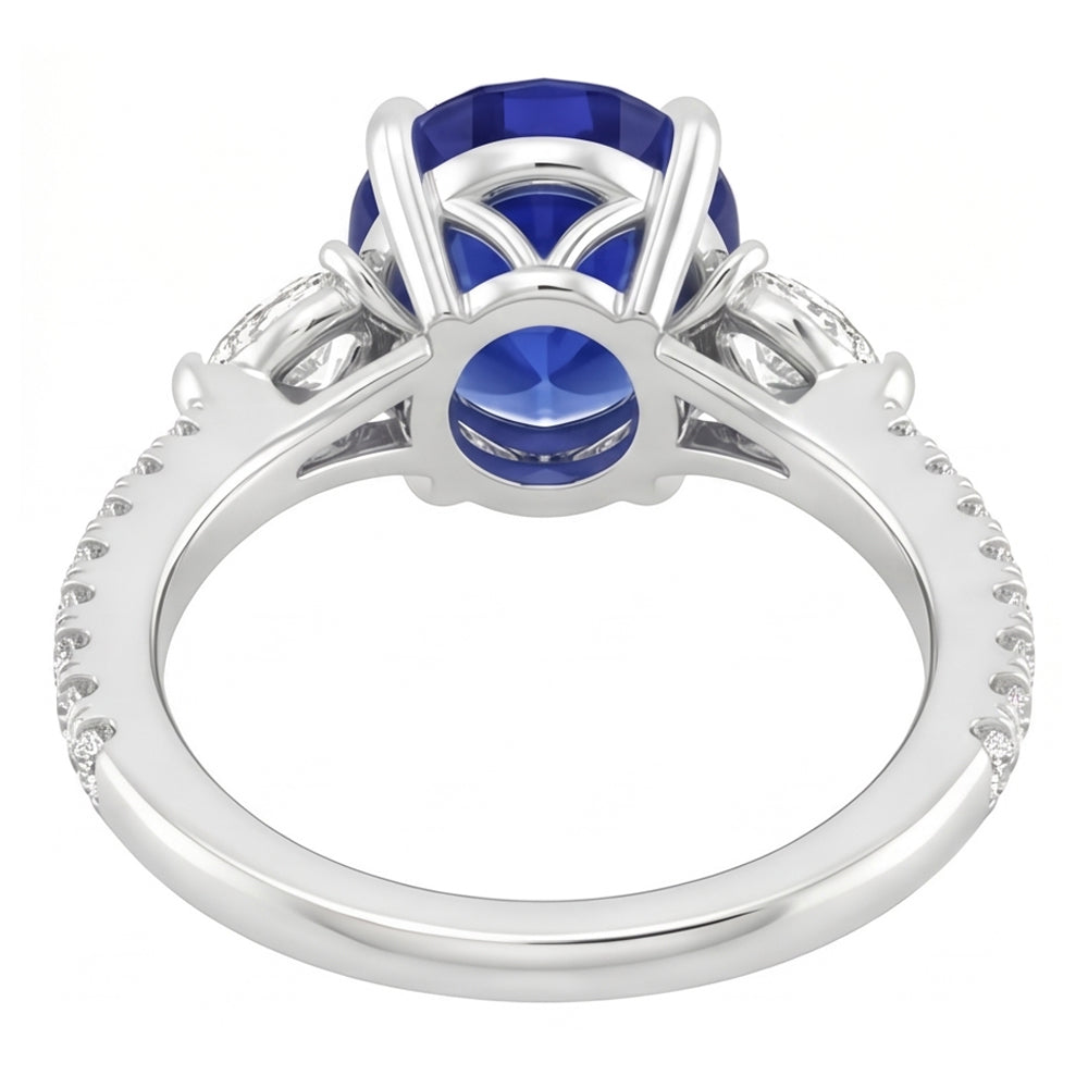Solitaire Blue Sapphire With Pear & Round Natural Earth Mined Diamond Accent Ring 3 Carats