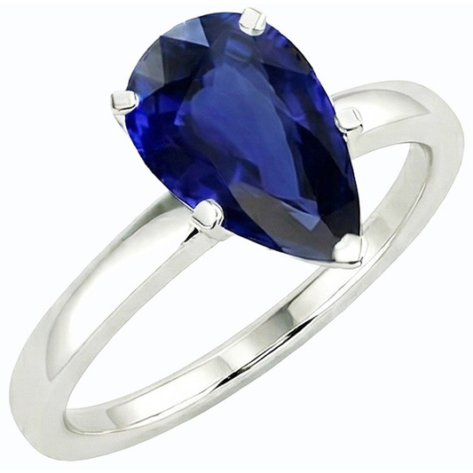 Solitaire Deep Blue Sapphire Ring White Gold 14K Pear Cut 3 Carats