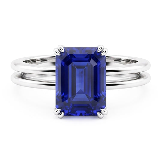 Solitaire Emerald Blue Sapphire Ring Double Prong Split Shank 2 Carats