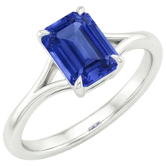 Solitaire Emerald Blue Sapphire Ring Split Shank 2.50 Carat White Gold