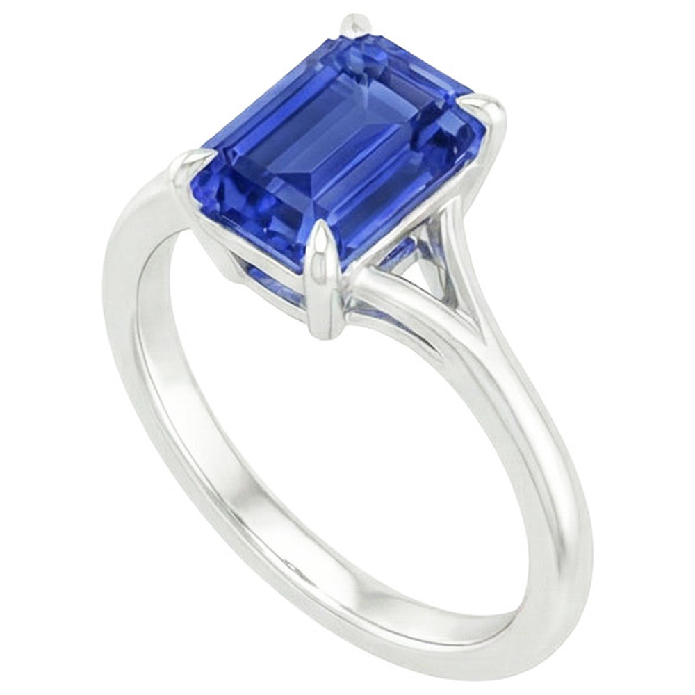 Solitaire Emerald Blue Sapphire Ring Split Shank 2.50 Carat White Gold