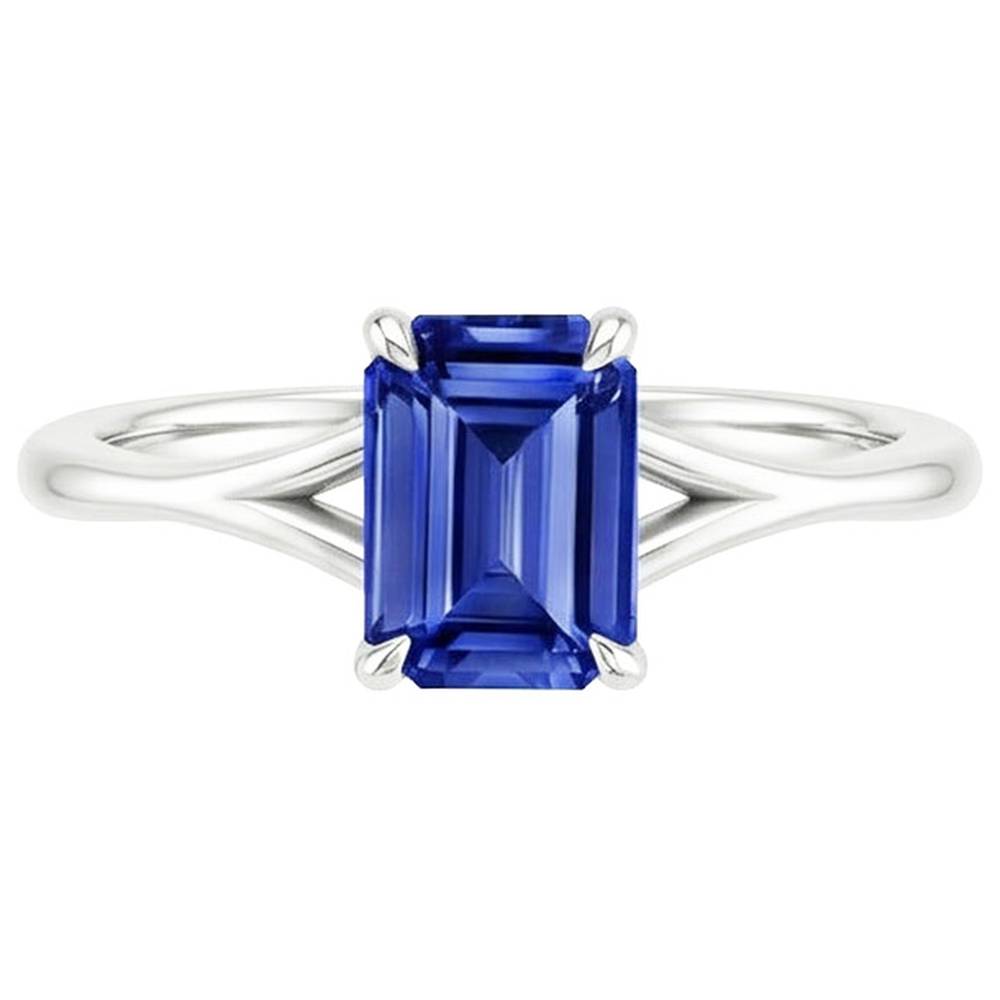 Solitaire Emerald Blue Sapphire Ring Split Shank 2.50 Carat White Gold