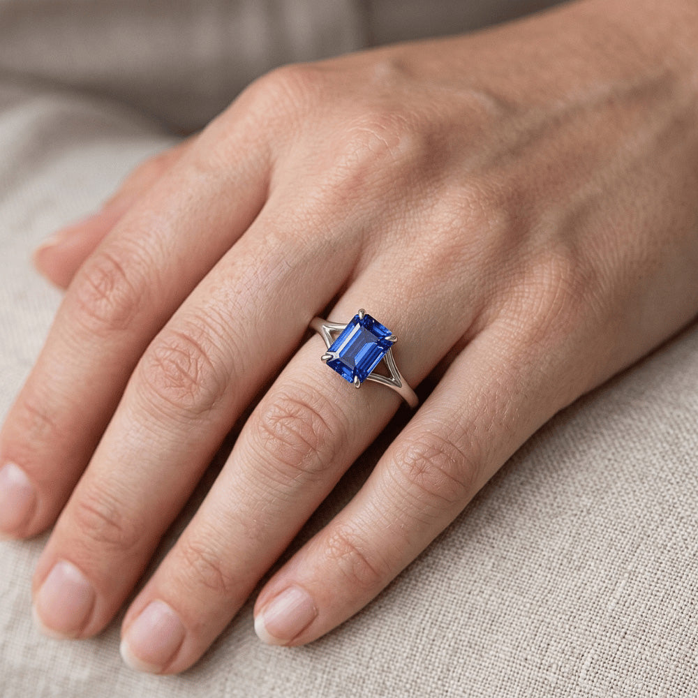 Solitaire Emerald Blue Sapphire Ring Split Shank 2.50 Carat White Gold