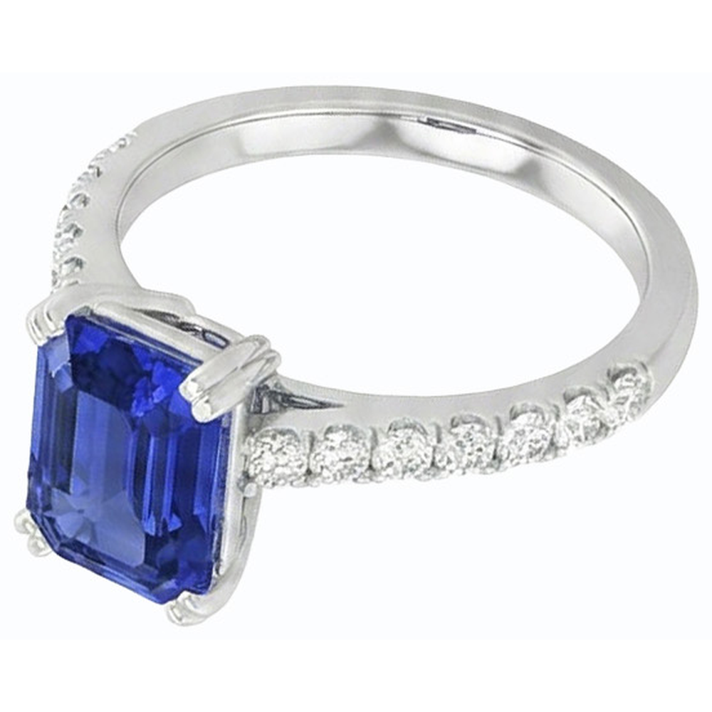 Solitaire Emerald Blue Sapphire Ring & Pave Set Natural Earth Mined Diamonds 3.50 Carats