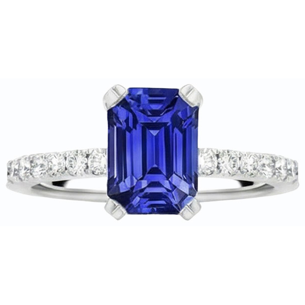 Solitaire Emerald Blue Sapphire Ring & Pave Set Natural Earth Mined Diamonds 3.50 Carats