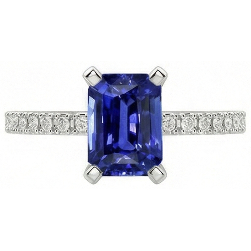 Solitaire Emerald Deep Blue Sapphire Ring With Accents 3 Carats
