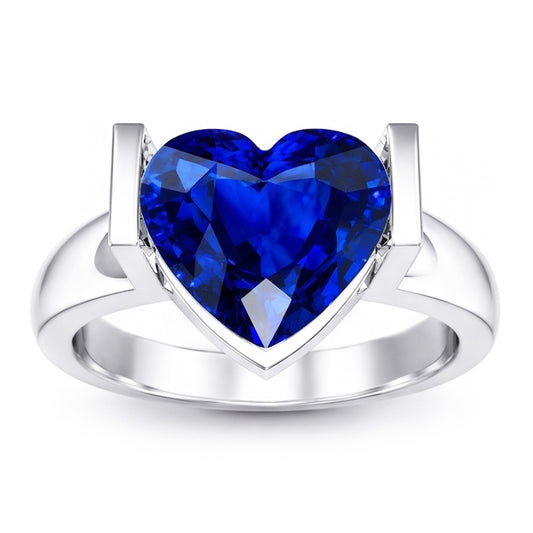 Solitaire Gemstone Ring Bar Set Ceylon Sapphire 3 Carats Thick Shank