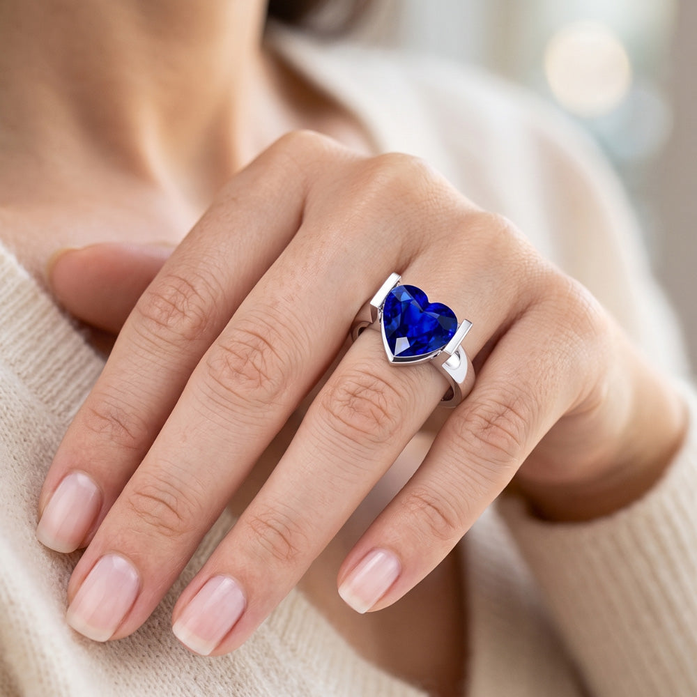 Solitaire Gemstone Ring Bar Set Ceylon Sapphire 3 Carats Thick Shank