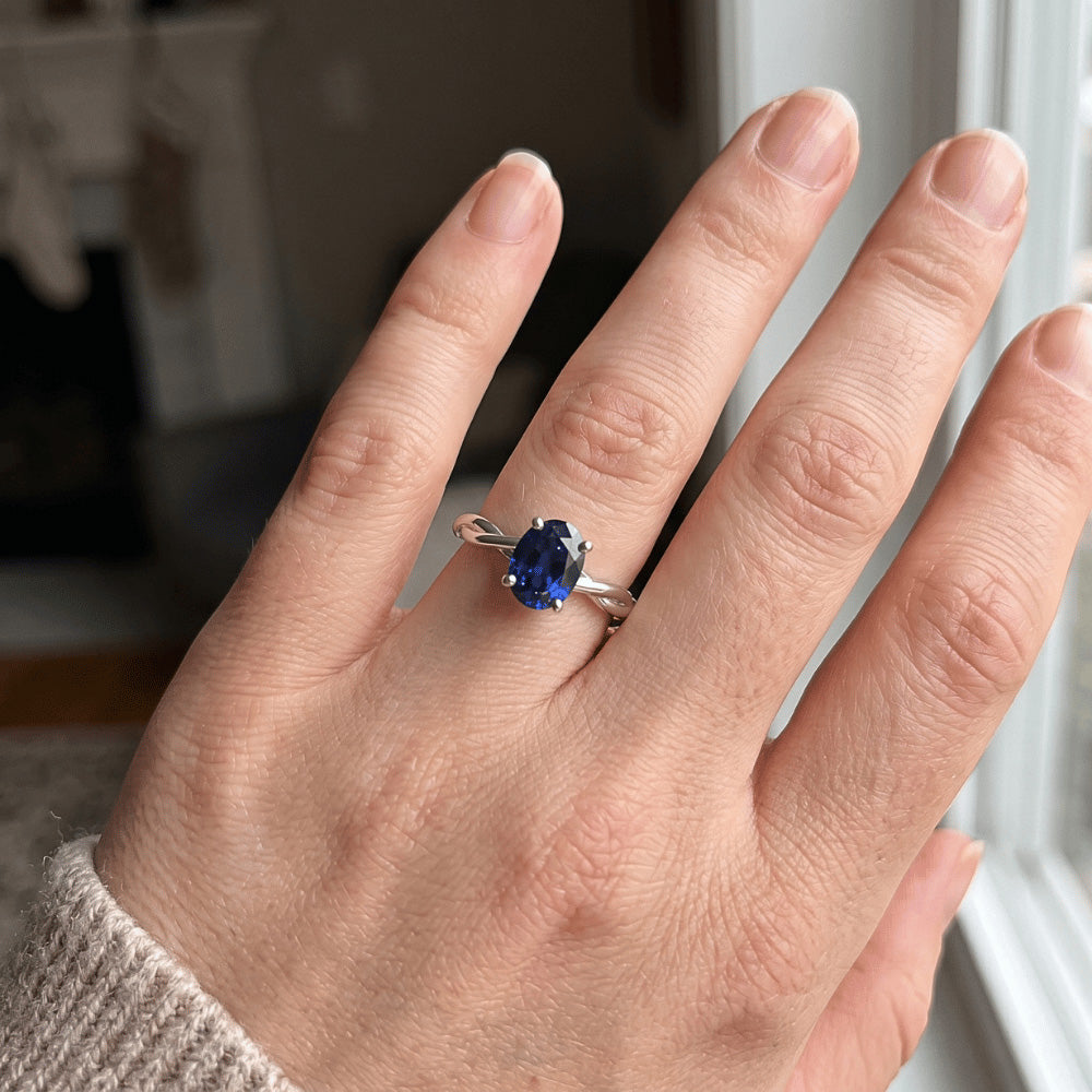 Solitaire Gold Ring Twist Style Oval Blue Sapphire 2 Carats