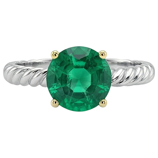 Emerald Round Brilliant Gemstone Ring in Two-Tone 14K Gold – front view