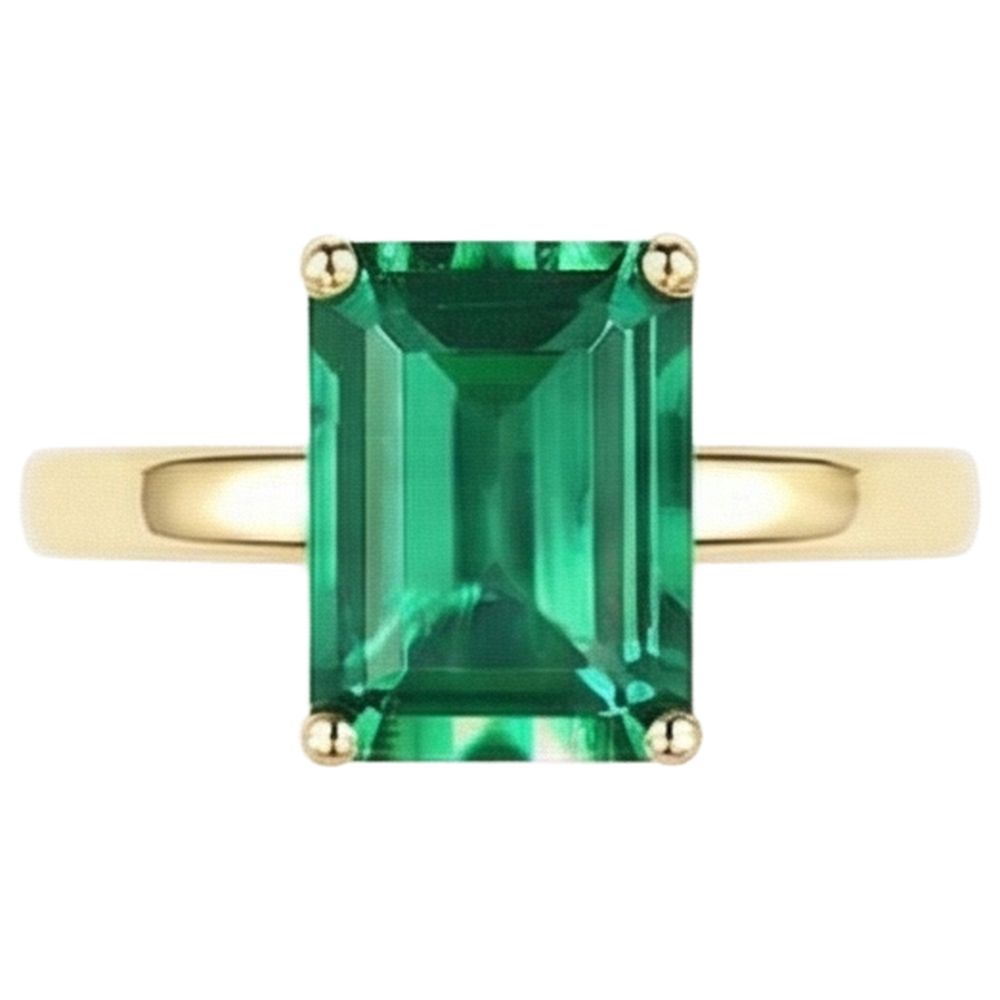 Solitaire Green Emerald Ring 3 Carats Yellow Gold 14K Gemstone Jewellery