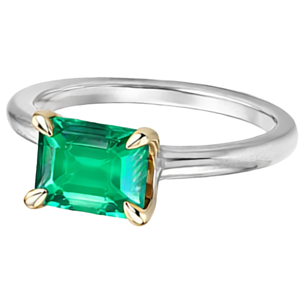 Fine Emerald Emerald Cut Gemstone Ring in 14K Two Tone Gold – angle view