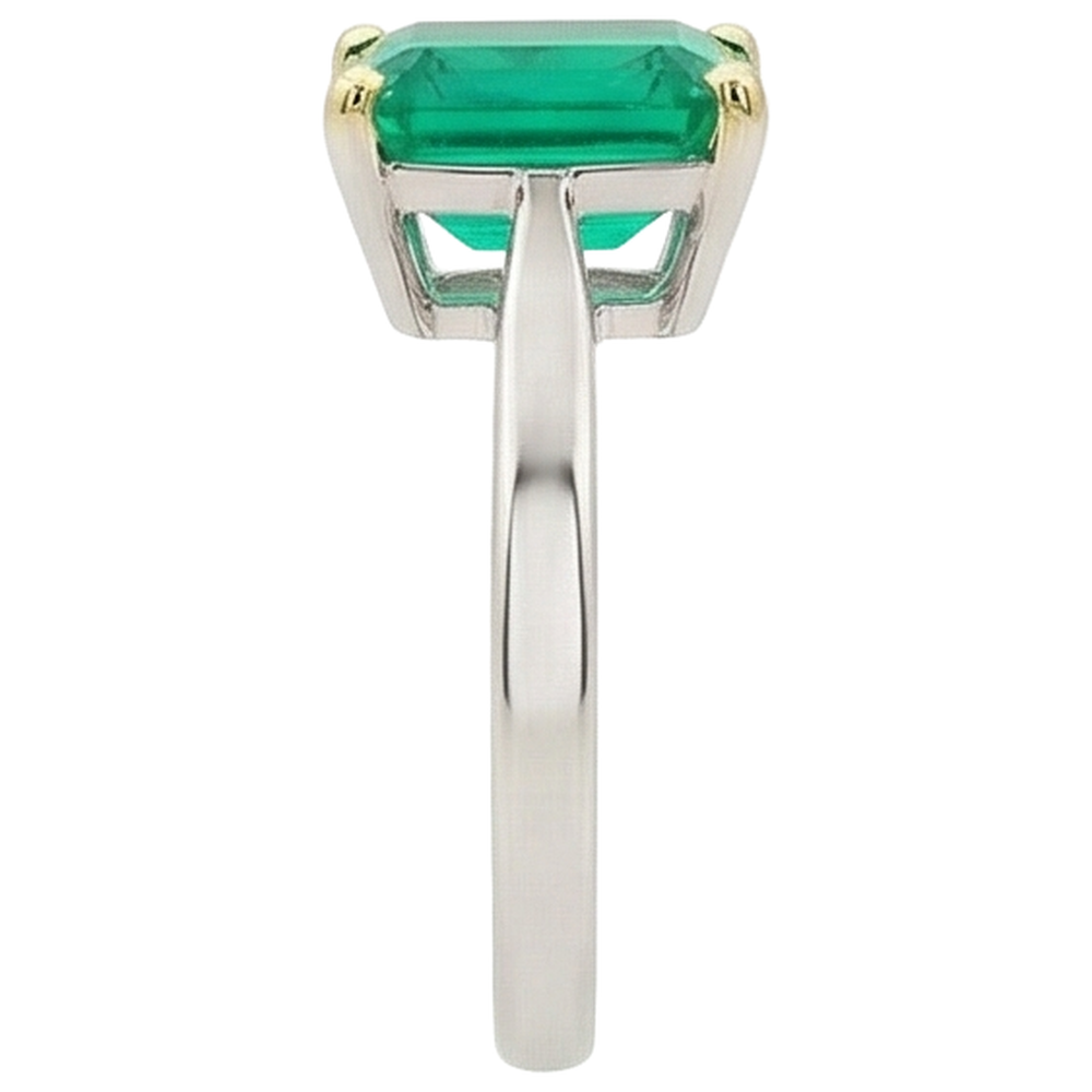 Fine Emerald Emerald Cut Gemstone Ring in Two-Tone 14K Gold – top view