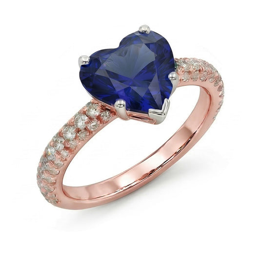 Solitaire Heart Blue Sapphire Ring With Pave Set Natural Earth Mined Diamonds 3.50 Carats