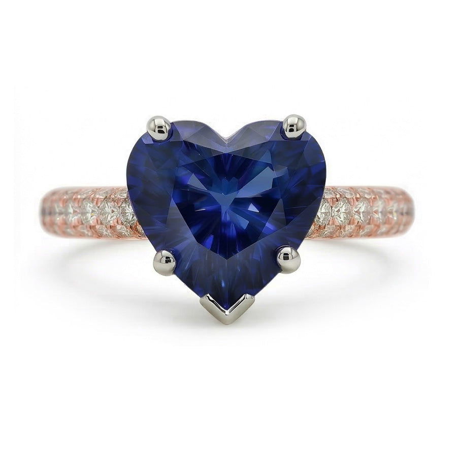 Solitaire Heart Blue Sapphire Ring With Pave Set Natural Earth Mined Diamonds 3.50 Carats