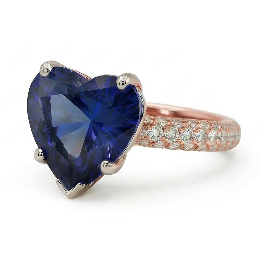 Solitaire Heart Blue Sapphire Ring With Pave Set Natural Earth Mined Diamonds 3.50 Carats