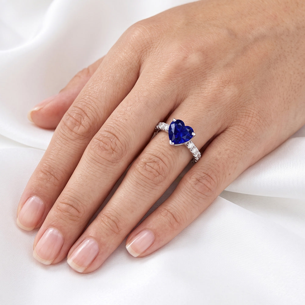 Solitaire Heart Ceylon Sapphire Ring With Natural Earth Mined Diamond Accents 2 Carats