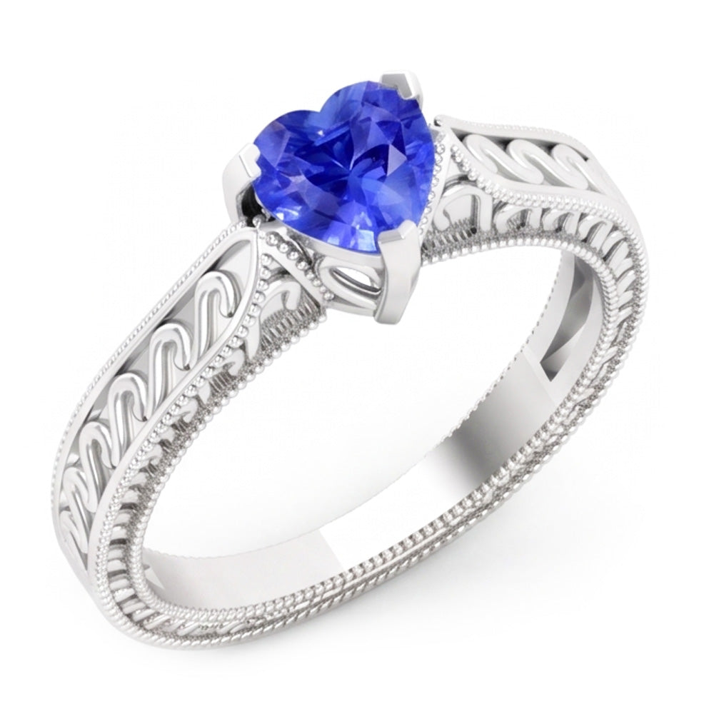 Solitaire Heart Light Blue Sapphire Ring 1 Carat Filigree Shank Gold