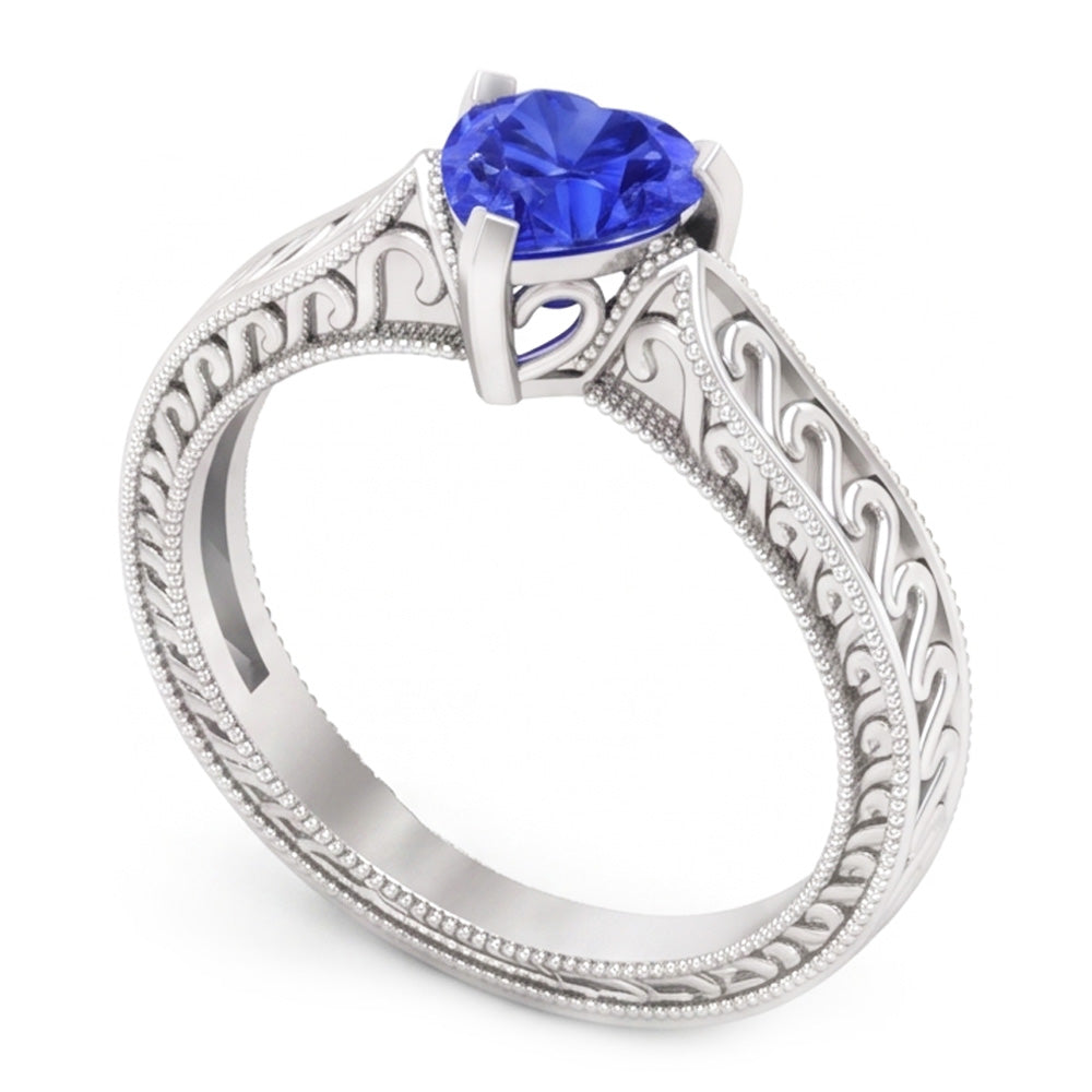Solitaire Heart Light Blue Sapphire Ring 1 Carat Filigree Shank Gold