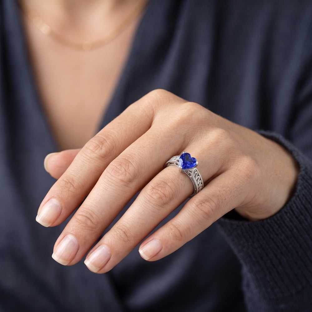 Solitaire Heart Light Blue Sapphire Ring 1 Carat Filigree Shank Gold