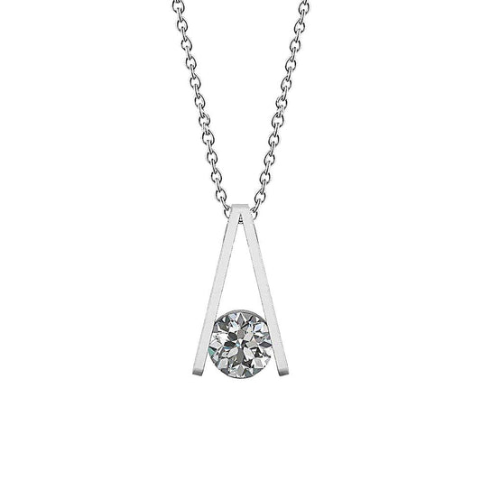Solitaire Inverted V Shape Genuine Diamond Pendant Necklace 2 Carat WG 14K