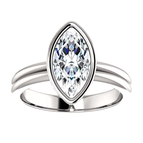 Solitaire Marquise Real Diamond Ring 3 Carats Bezel Set White Gold 14K