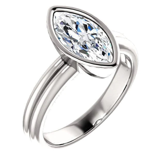 Solitaire Marquise Real Diamond Ring 3 Carats Bezel Set White Gold 14K