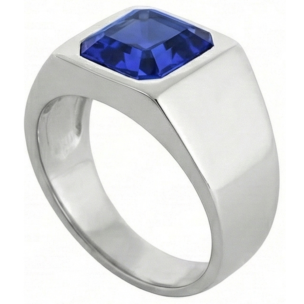 Solitaire Men's Ring 1.50 Carats Flush Set Blue Sapphire Asscher Cut
