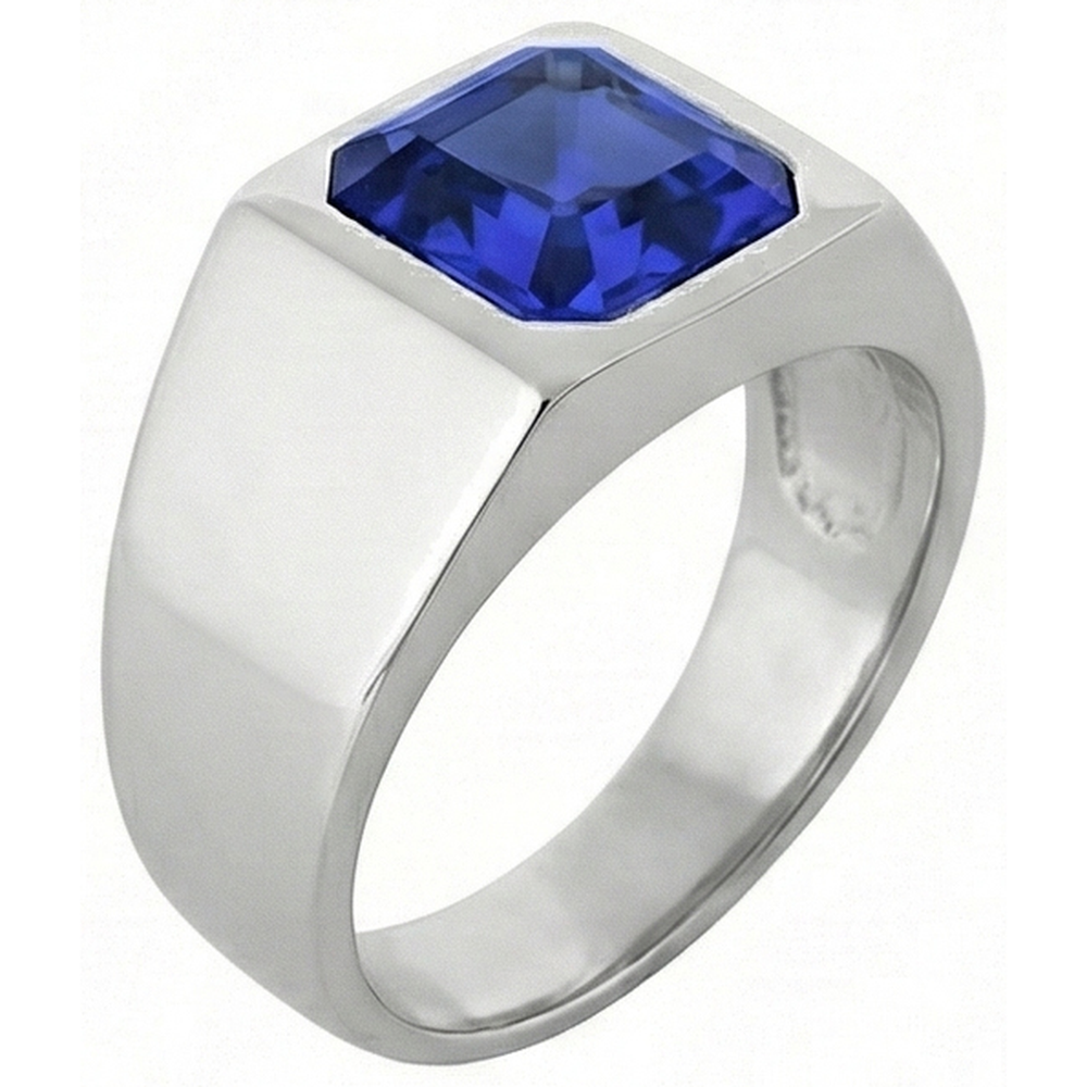 Solitaire Men's Ring 1.50 Carats Flush Set Blue Sapphire Asscher Cut