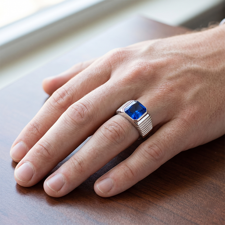 Solitaire Men's Ring Radiant Ceylon Sapphire Flush Set 2.50 Carats