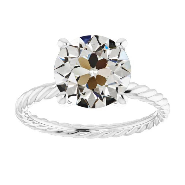 Solitaire Natural Round Old Miner Diamond Ring Rope Style 4 Carats Gold