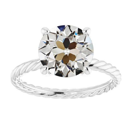 Solitaire Natural Round Old Miner Diamond Ring Rope Style 4 Carats Gold